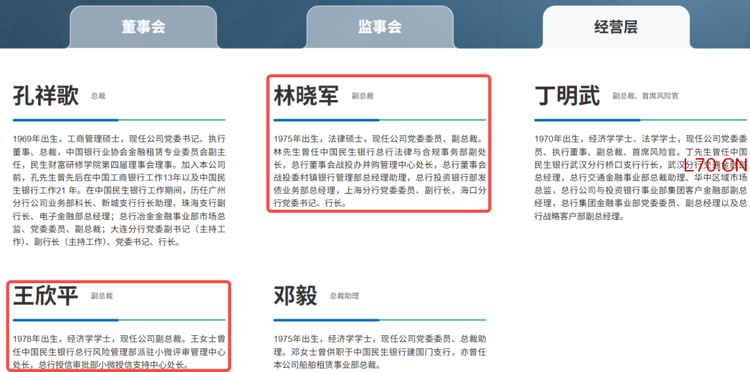 图 / 民生金融租赁的经营层高管构成（来源：民生金融租赁官网）