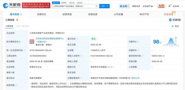 江苏前沿聚新产业投资基金登记成立 出资额12亿